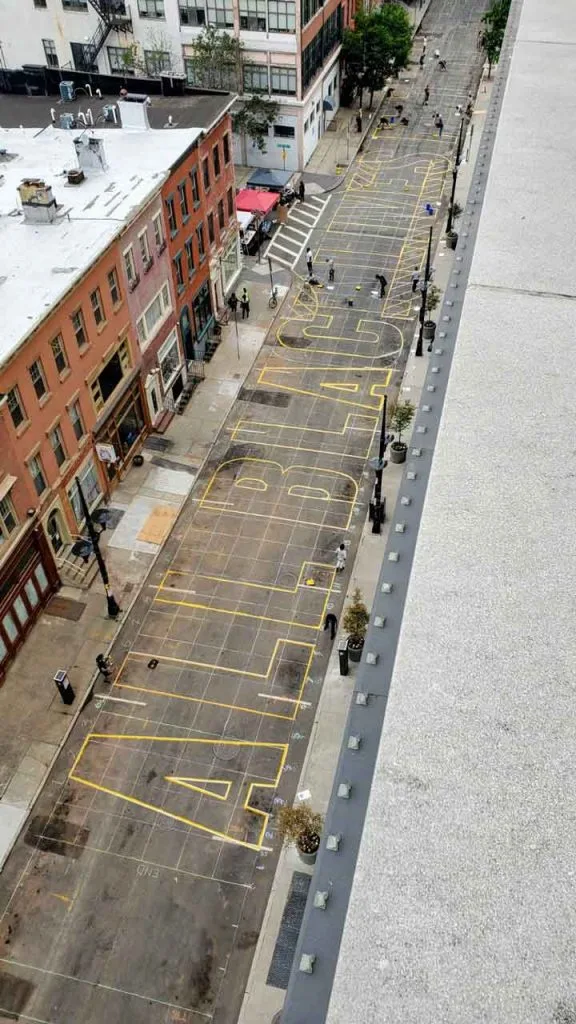 Outline of All Black Lives Matter street mural on Halsey Street.