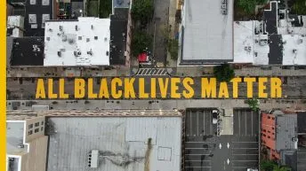 Aerial view of the All Black Lives Matter street mural on Halsey Street, Newark.