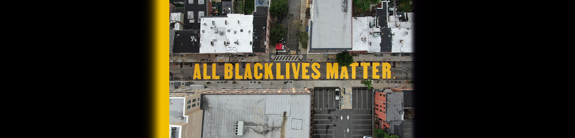 Aerial view of the All Black Lives Matter street mural on Halsey Street, Newark.