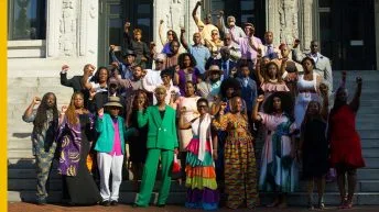 a great day in newark - group on City Hall steps